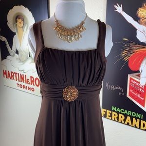 Elegant brown maxi dress with copper beading, Med.
